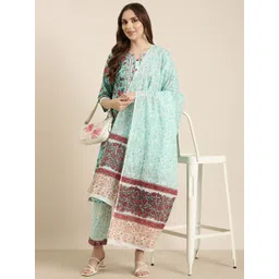SHOWOFF Floral Printed Regular Gotta Patti Notched Neck Kurta with Trousers & Dupatta-picture-40