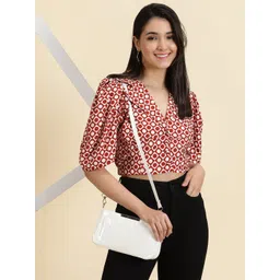 SHOWOFF Geometric Print Puff Sleeve Blouson Crop Top-picture-19