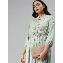 SHOWOFF Green Floral Tie-Up Neck A-Line Dress-picture-38