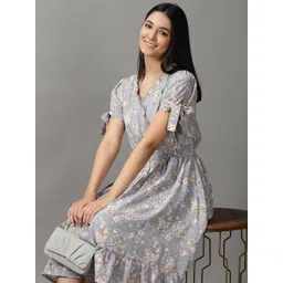 SHOWOFF Grey & Brown Floral Smocked Midi Dress-picture-32