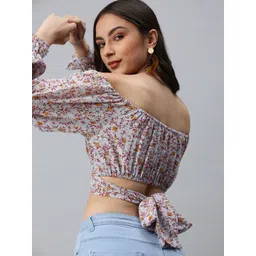 SHOWOFF Grey Floral Print One Shoulder Georgette Styled Back Crop Top-image-31