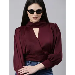SHOWOFF Keyhole Neck Puff Sleeves Wrap Satin Crop Top-picture-29