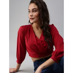 SHOWOFF Maroon Crepe Solid  Wrap Cinched Waist Crop Top-picture-14
