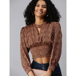 SHOWOFF Mauve Animal Print Keyhole Neck Crepe Styled Back Crop Top-picture-35