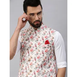 SHOWOFF Men Cream-Colored Printed Cotton Nehru Jackets-picture-18