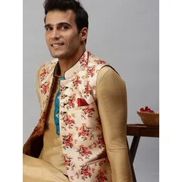 SHOWOFF Men Gold-Coloured & Peach-Coloured Printed Woven Nehru Jackets-picture-38