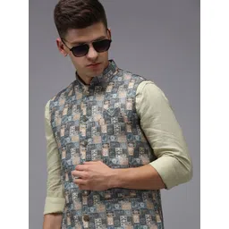 SHOWOFF Men Grey Printed Nehru Jackets-picture-13