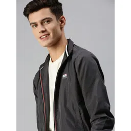 SHOWOFF Men Grey Striped Bomber with Patchwork Jacket-picture-34