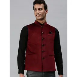 SHOWOFF Men Maroon Solid Woven Nehru Jackets-picture-35