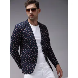 SHOWOFF Men Navy Blue & Pink Printed Single-Breasted Blazer-picture-10