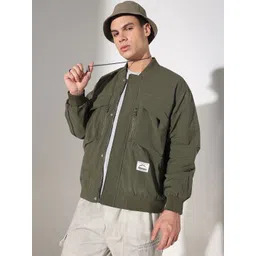 SHOWOFF Men Solid Olive Mandarin Collar Bomber Jacket-picture-28