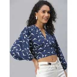 SHOWOFF Navy Blue & White Geometric Print Puff Sleeves Crop Top-picture-27
