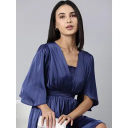SHOWOFF Navy Blue Puff Sleeve Satin Fit & Flare Midi Dress-picture-35