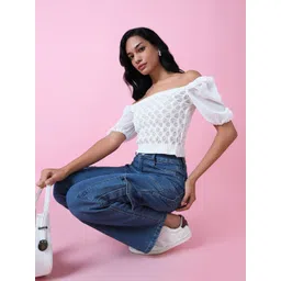 SHOWOFF Off-Shoulder Puff Sleeve Crochet Blouson Crop Top-picture-16