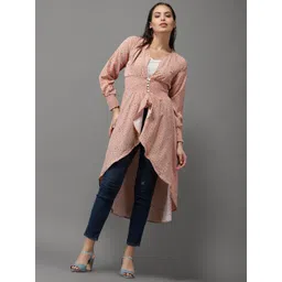 SHOWOFF Peach-Coloured & Grey Geometric Print Crepe High-Low Longline Top-picture-21