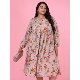 SHOWOFF Plus Size Floral Print Puff Sleeve Crepe Empire Dress-picture-39