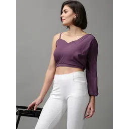 SHOWOFF Purple One Shoulder Crepe Wrap Crop Top-picture-11