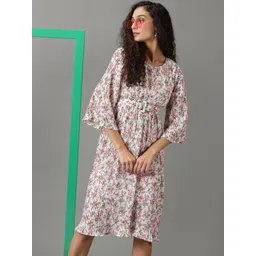 SHOWOFF Round Neck Accordion Pleats Floral Printed Chiffon A-Line Dress With Belt-picture-17