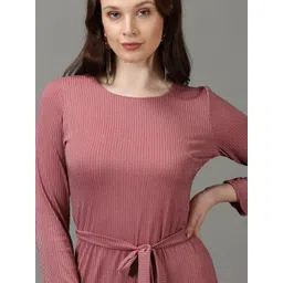 SHOWOFF Round Neck Striped A-Line Dress With Belt image 5