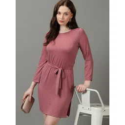 SHOWOFF Round Neck Striped A-Line Dress With Belt image 1
