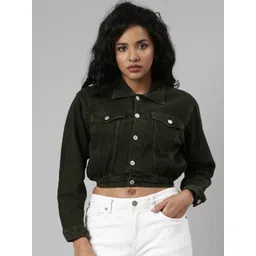 SHOWOFF Spread Collar Long Sleeve Windcheater Crop Denim Jacket-picture-16