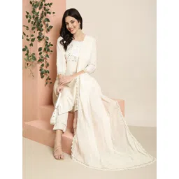 SHOWOFF Striped Round Neck Mirror Work Kurta with Trousers & With Dupatta-picture-13