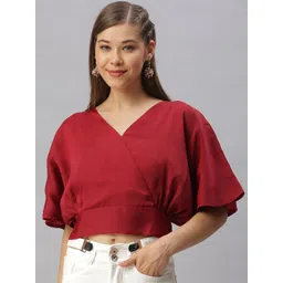 SHOWOFF V-Neck Extended Sleeves Satin Wrap Crop Top-picture-12