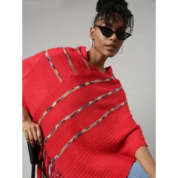SHOWOFF V-Neck Three-Quarter Sleeves Striped Longline Poncho with Fringed Detail-picture-39