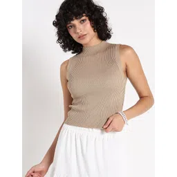 SHOWOFF Women Beige Acrylic Solid Ribbed Nigh Neck Fitted Top-picture-39