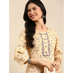 SHOWOFF Women Beige & Red Floral Printed Cotton Kurta-picture-25