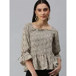 SHOWOFF Women Beige Animal Print Crepe Peplum Top-picture-31