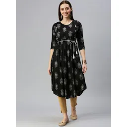 SHOWOFF Women Black Ethnic Motifs Printed Round Neck Three-Quarter Sleeves A-line Kurta-picture-28