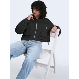 SHOWOFF Women Black Stand Collar Windcheater Nylon Bomber Jacket-picture-15