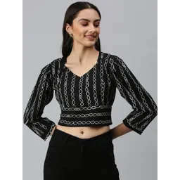 SHOWOFF Women Black Tribal Print Crepe Blouson Crop Top-picture-41