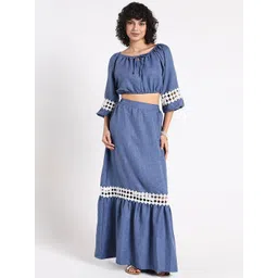 SHOWOFF Women Blue Cotton Blend Crochet Top & Skirt Co-Ords Set-picture-13