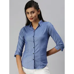 SHOWOFF Women Blue Semi Skinny Fit Striped Casual Shirt-picture-25
