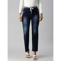 SHOWOFF Women Blue Straight Fit High-Rise Low Distress Heavy Fade Stretchable Jeans-picture-21