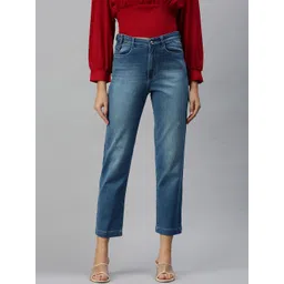 SHOWOFF Women Blue Straight Fit High-Rise Low Distress Light Fade Stretchable Jeans-picture-24