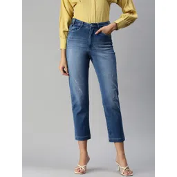 SHOWOFF Women Blue Straight Fit High-Rise Low Distress Light Fade Stretchable Jeans-picture-25