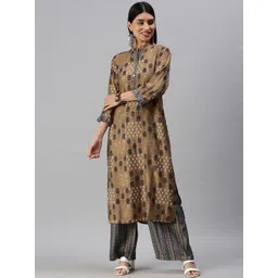 SHOWOFF Women Brown Ethnic Motifs Printed Beads and Stones Kurta with Palazzos-picture-15