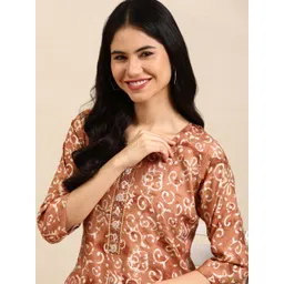 SHOWOFF Women Copper-Toned Ethnic Motifs Printed Beads and Stones Silk Crepe Kurta with Trousers-picture-37