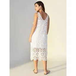 SHOWOFF Women Geometric Self Design Cut-Outs Crochet A-Line Midi Dress image 2