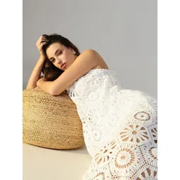 SHOWOFF Women Geometric Self Design Cut-Outs Crochet A-Line Midi Dress image 1