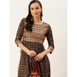 SHOWOFF Women Green & Brown Floral Printed Anarkali Kurta-picture-22