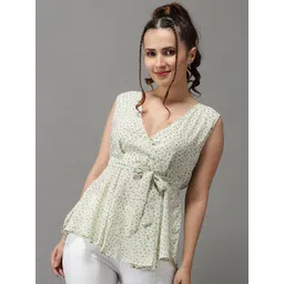 SHOWOFF Women Green Print V-Neck Georgette Cinched Waist Top-picture-40