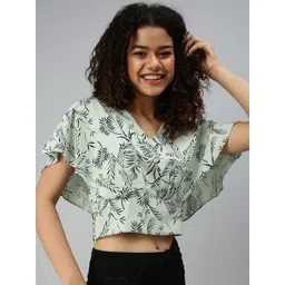 SHOWOFF Women Green Printed Crepe Wrap Crop Top-picture-25