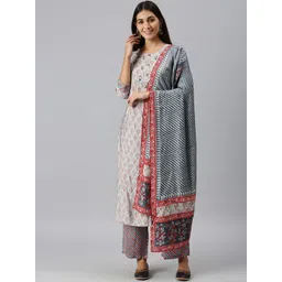 SHOWOFF Women Grey Ethnic Motifs Printed Sequinned Silk Chiffon Kurta with Palazzos & With Dupatta-picture-29
