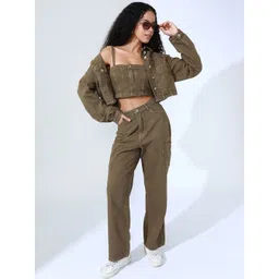 SHOWOFF Women Khaki Cotton Blend Co-Ord Set With Jacket-picture-41