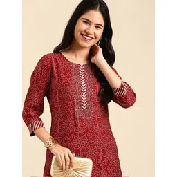 SHOWOFF Women Maroon Bandhani Printed Gotta Patti Chanderi Cotton Kurta with Trousers-image-43