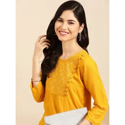 SHOWOFF Women Mustard Yellow Geometric Embroidered Mirror Work Cotton Kurta-picture-23